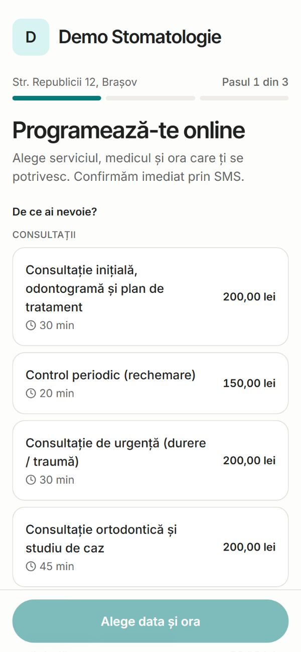 Pagina de programare online a cabinetului demo pe telefon: serviciile, medicul și orele libere