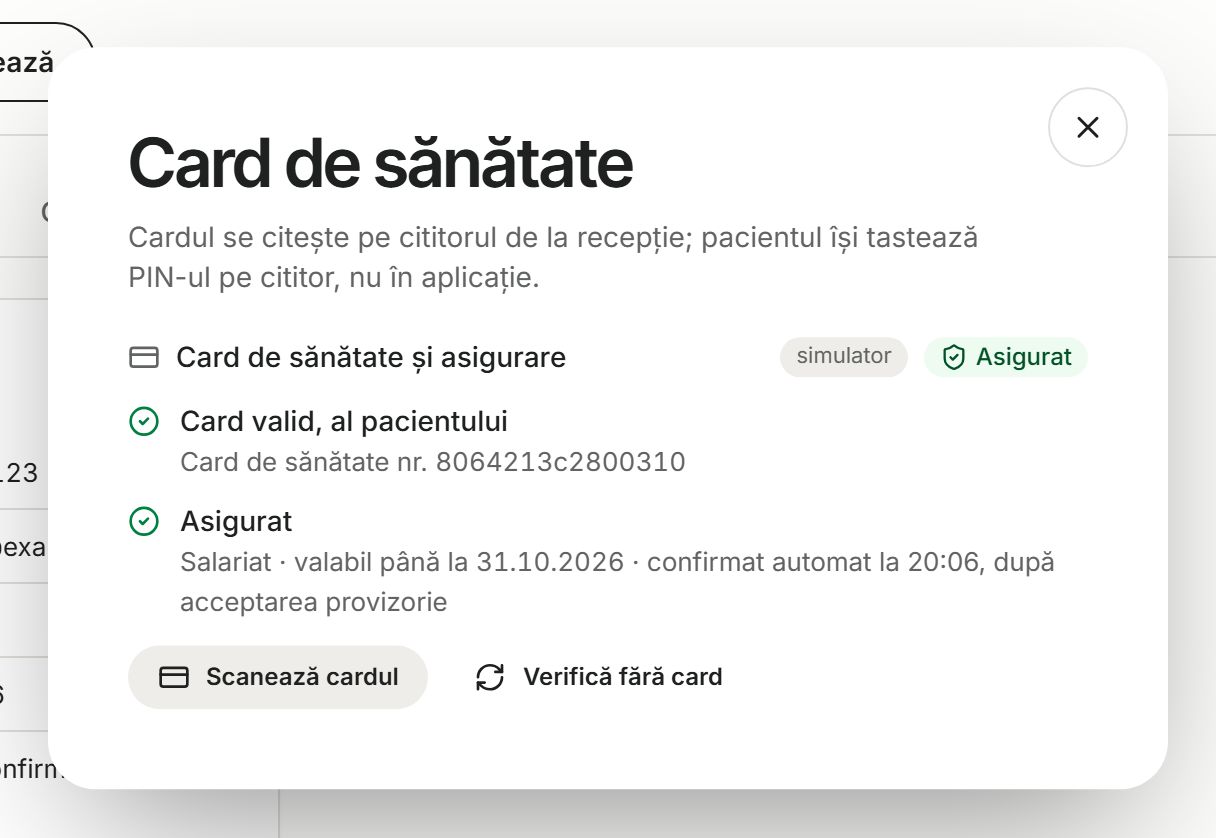 Verificarea cardului de sănătate la recepție în cabinetul demo de medicină de familie: cardul e valid și al pacientei fictive Ana Demo, iar calitatea de asigurat apare confirmată, cu categoria și valabilitatea