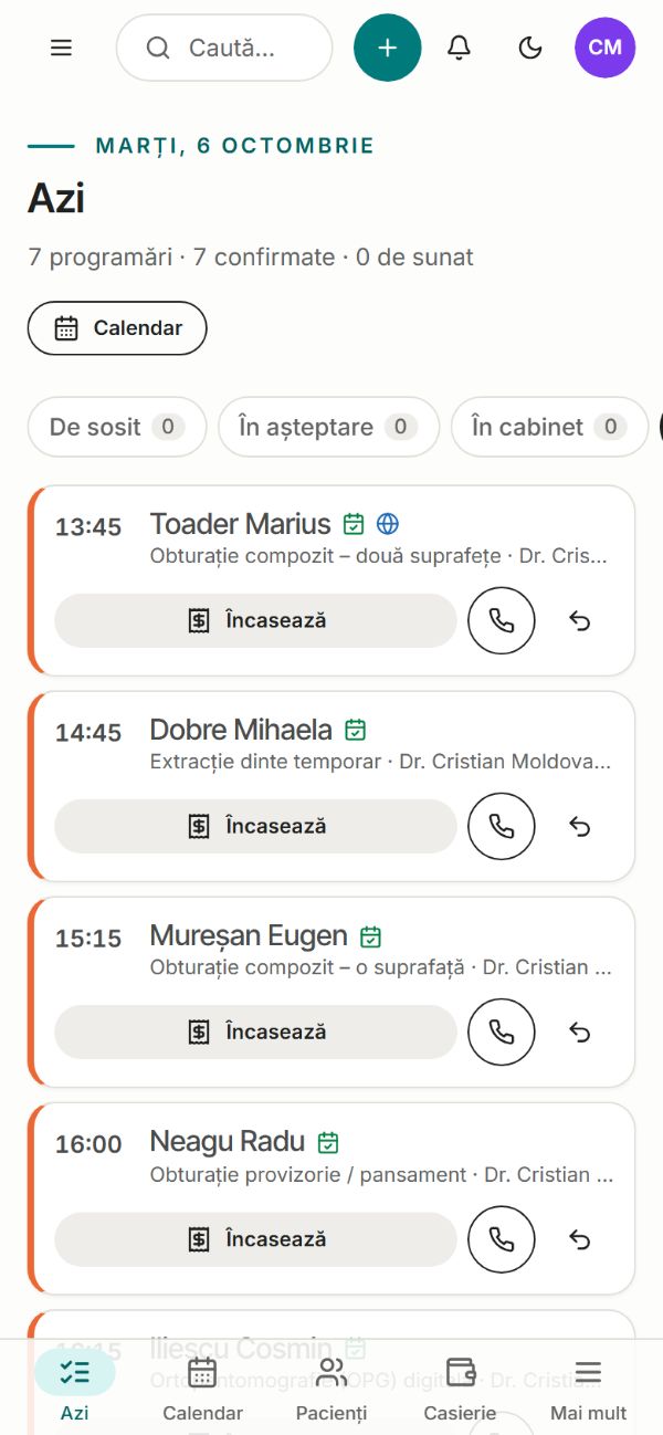 Agenda zilei pe telefon, pentru un medic din cabinetul demo: pacienții de azi, pe ore, cu statusul fiecăruia