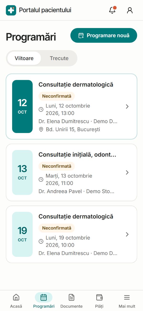 Lista programărilor viitoare în portalul pacientului, de la două cabinete demo