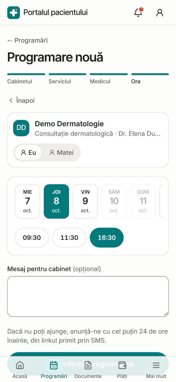 Programare nouă din portalul pacientului: ziua și orele libere la cabinetul de dermatologie demo