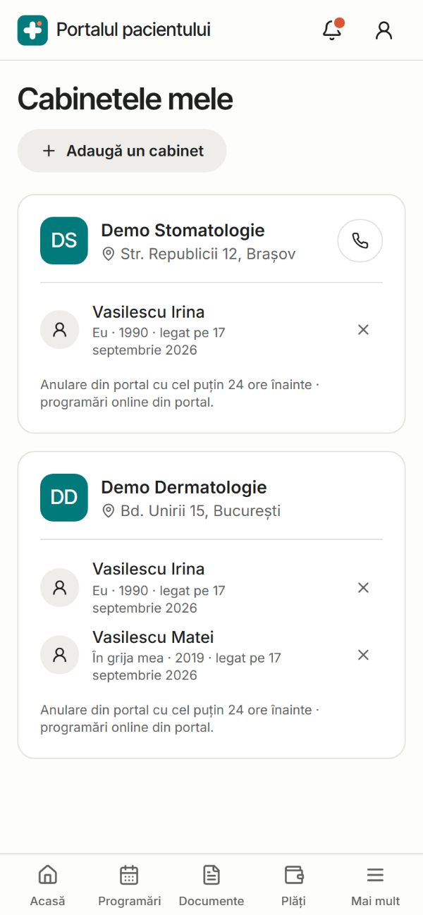Cabinetele mele în portal: cabinetul de stomatologie și cel de dermatologie, cu persoanele legate, inclusiv un copil
