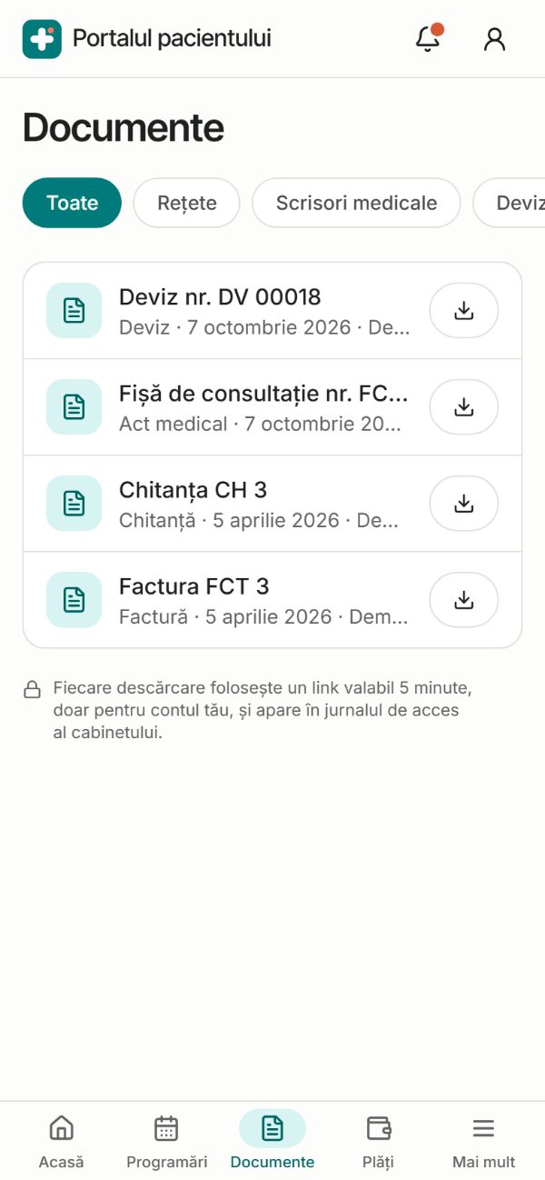 Documentele pacientei demo în portal: fișe de consultație, deviz, chitanțe și facturi, cu descărcare