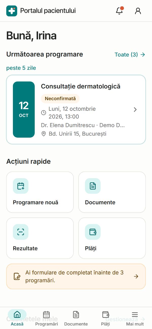 Acasă în portalul pacientului, pe telefon: următoarea programare, acțiunile rapide și cabinetele pacientei demo