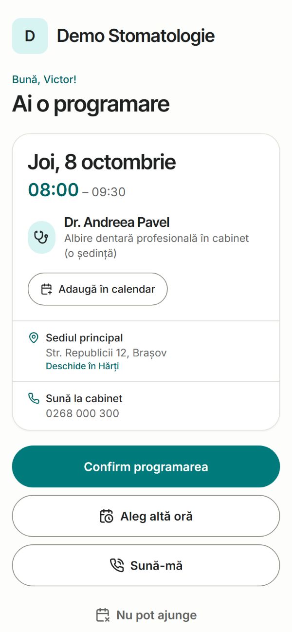 Pagina de confirmare deschisă din SMS pe telefonul pacientului: data, ora și medicul, cu butoanele Confirm, Cer altă oră și Anulez